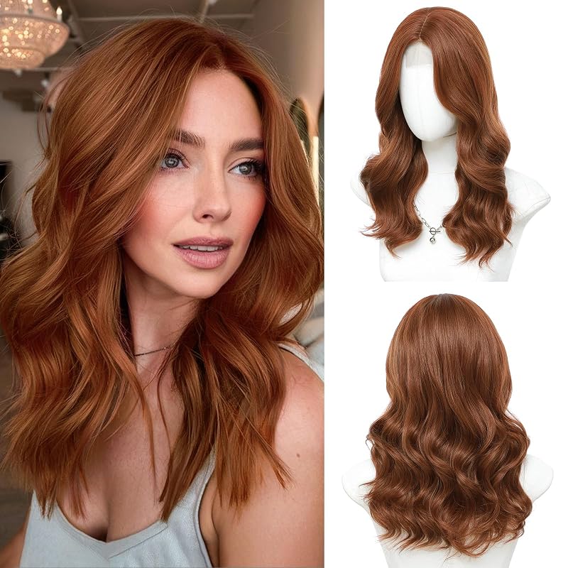 Niceone Hair Auburn Wig for Women, 18 Inch Middle Part Wavy Synthetic Wig
