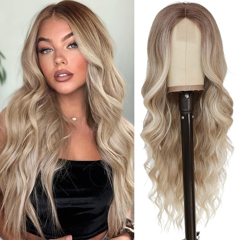 NAYOO Dirty Blonde Wig for Women, 26 Inch Middle Part Wavy Synthetic Wig