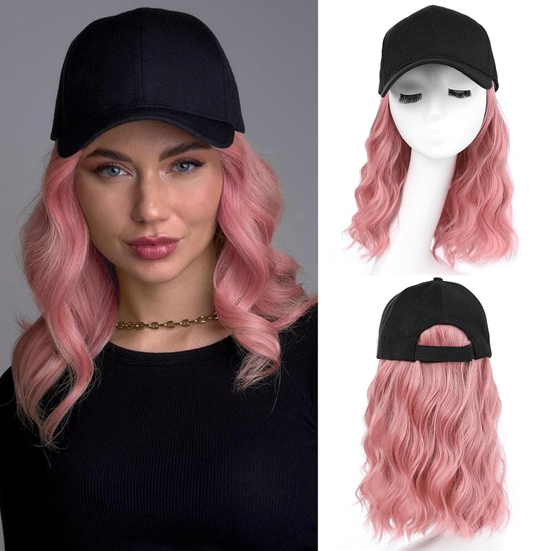 AISI QUEENS Hat Wig Hat with Hair Attached for Women Cap with Hair Attached for Women Baseball Cap Wig Extensions Short Wave Synthetic Adjustable for Daily Use