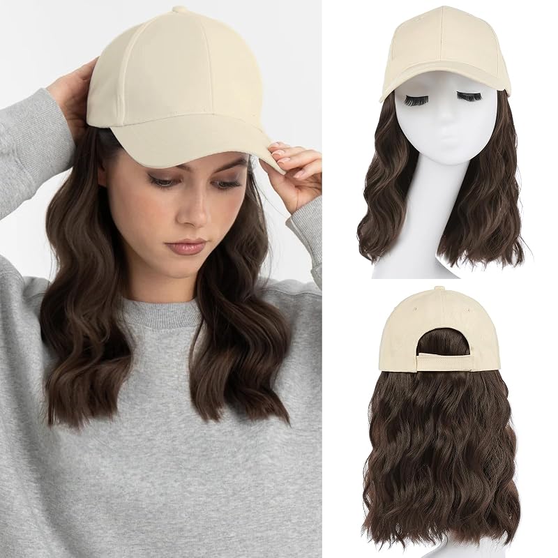 AISI QUEENS Hat Wig Hat with Hair Attached for Women Cap with Hair Attached for Women Baseball Cap Wig Extensions Short Wave Synthetic Adjustable for Daily Use
