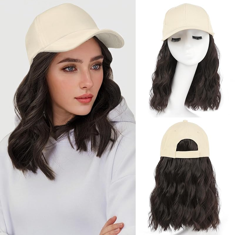 AISI QUEENS Hat Wig Hat with Hair Attached for Women Cap with Hair Attached for Women Baseball Cap Wig Extensions Short Wave Synthetic Adjustable for Daily Use