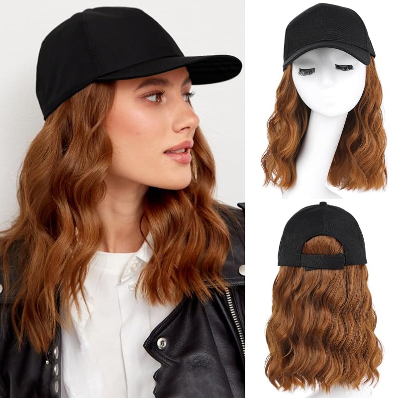 AISI QUEENS Hat Wig Hat with Hair Attached for Women Cap with Hair Attached for Women Baseball Cap Wig Extensions Short Wave Synthetic Adjustable for Daily Use