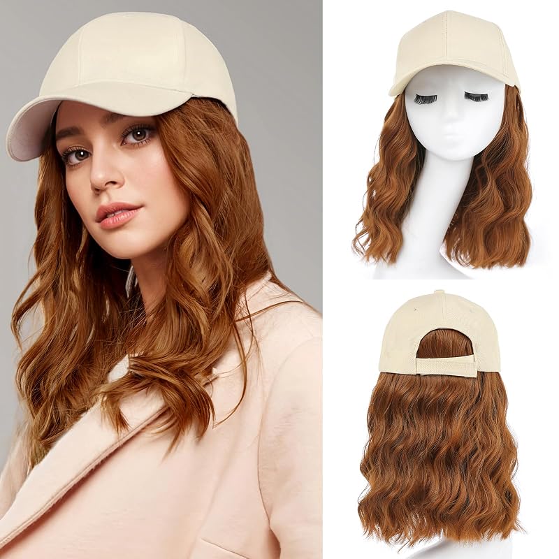 AISI QUEENS Hat Wig Hat with Hair Attached for Women Cap with Hair Attached for Women Baseball Cap Wig Extensions Short Wave Synthetic Adjustable for Daily Use