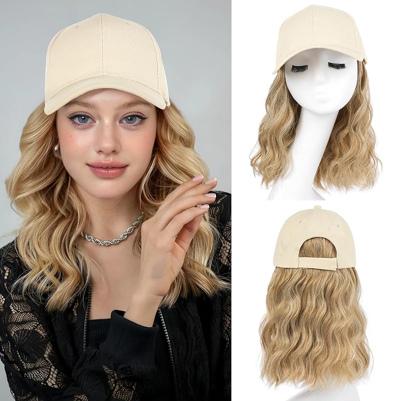 AISI QUEENS Hat Wig Hat with Hair Attached for Women Cap with Hair Attached for Women Baseball Cap Wig Extensions Short Wave Synthetic Adjustable for Daily Use