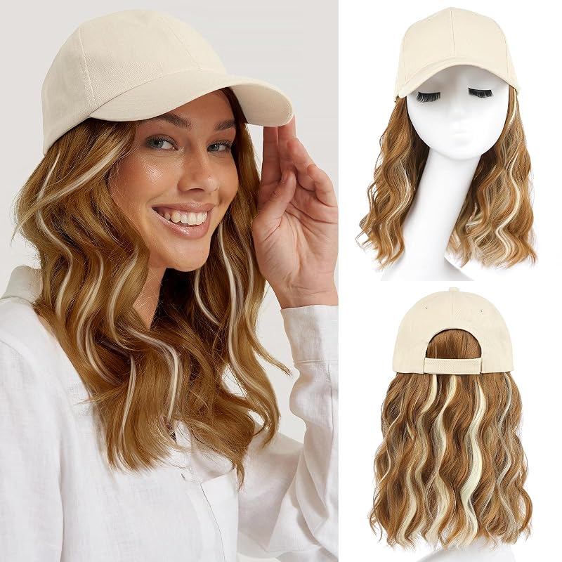 AISI QUEENS Hat Wig Hat with Hair Attached for Women Cap with Hair Attached for Women Baseball Cap Wig Extensions Short Wave Synthetic Adjustable for Daily Use