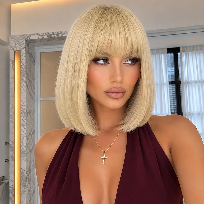 Short Blue Bob Wigs with Bangs for Women, Cute Synthetic Wig for Cosplay, Daily, Halloween