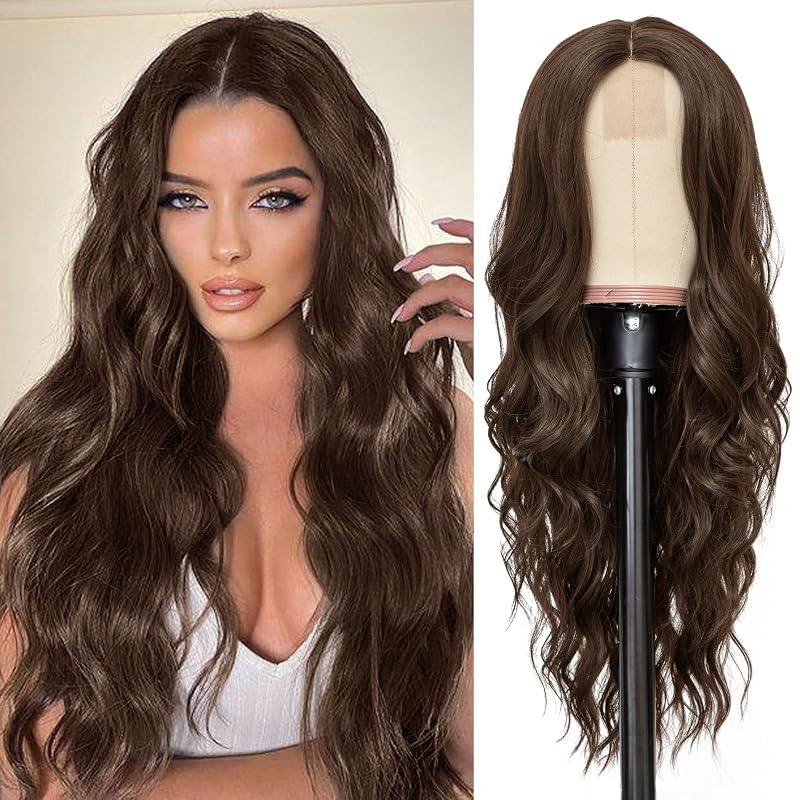 NAYOO Dark Brown Wig for Women, 26 Inch Middle Part Wavy Synthetic Wig