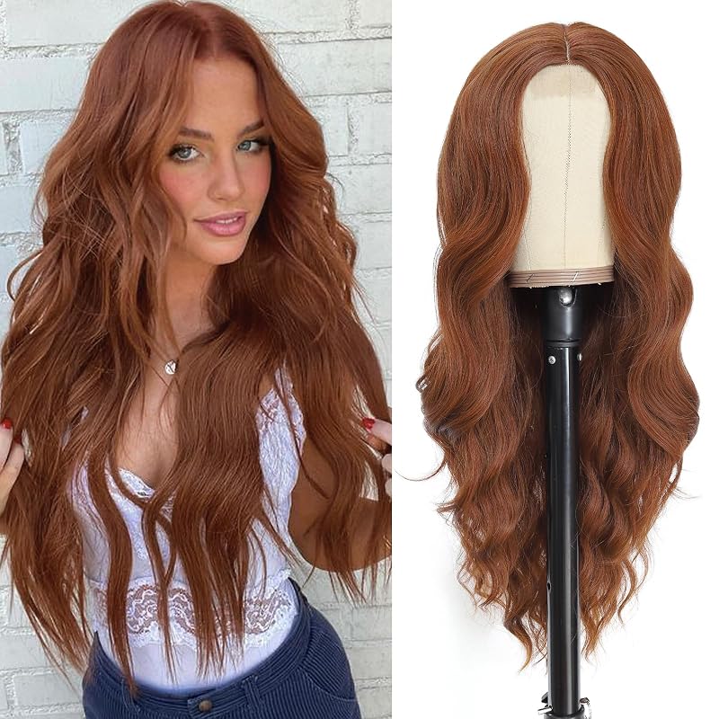 NAYOO Auburn Wig for Women, 26 Inch Middle Part Wavy Synthetic Wig