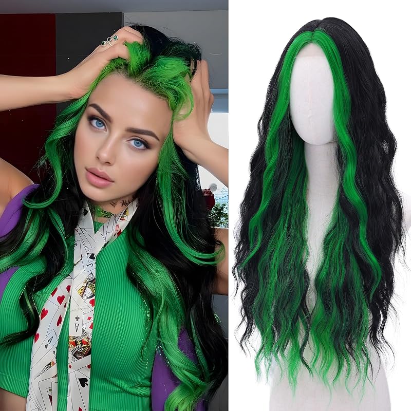 WECAN Black and Green Wig for Women Long Natural Wavy Synthetic Wig 28 Inch