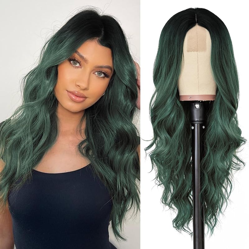 NAYOO Green Wig for Women, 26 Inch Middle Part Wavy Synthetic Wig