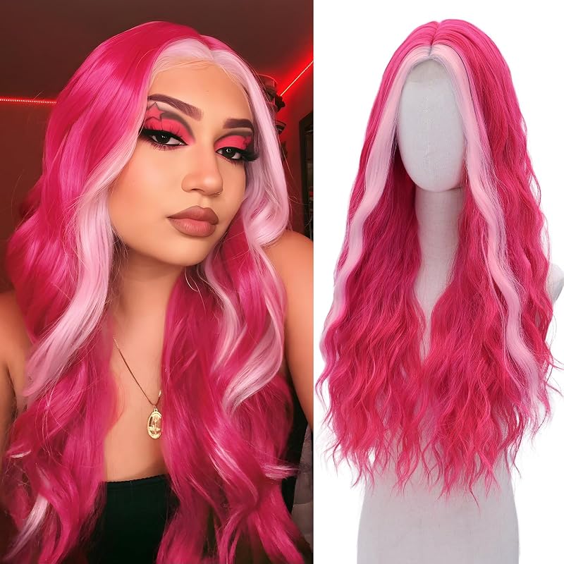 WECAN Hot Pink Wig for Women Long Natural Wavy Synthetic Wig 28 Inch