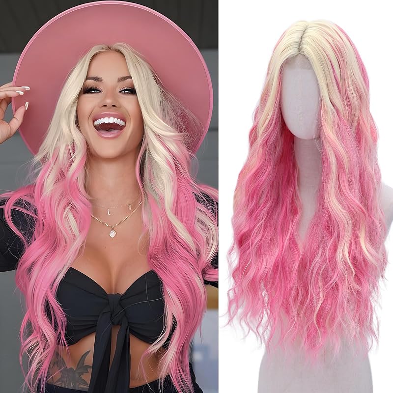 Pink and Blonde Wig-Long Pink Blonde Wigs For Women Synthetic Wig 28 Inch