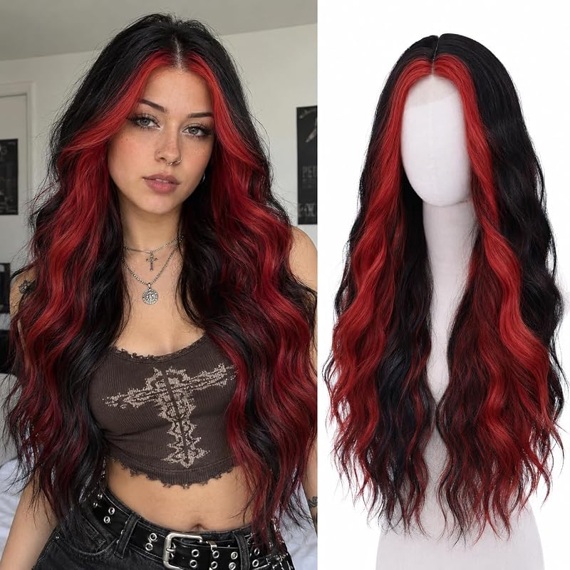 WECAN Red and Black Wig for Women Long Wavy Synthetic Wig 28 Inch