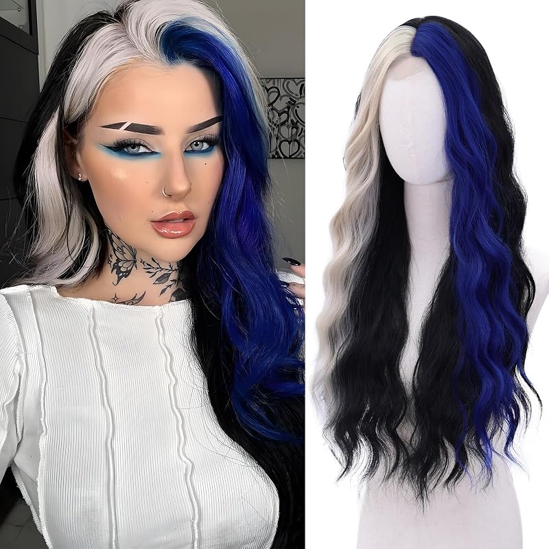 WECAN Black Blue Wig for Women Long Platinum Blonde Highlight Wig 28 Inch