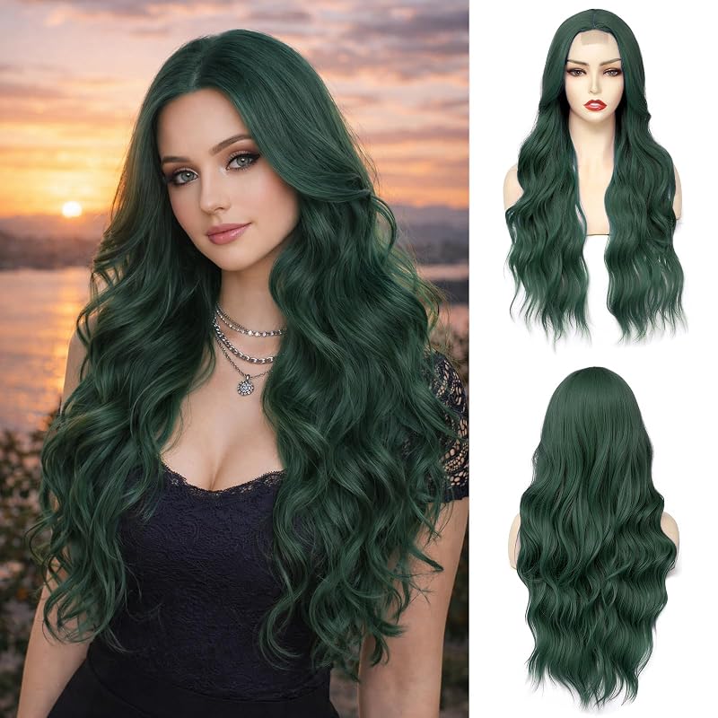 NAYOO Long Wavy Dark Green Wigs for Women, 26 Inch Middle Part Emerald Green Wigs, Natural Looking Synthetic Wig, Heat Resistant Fiber Soft Cosplay Halloween Party Wig