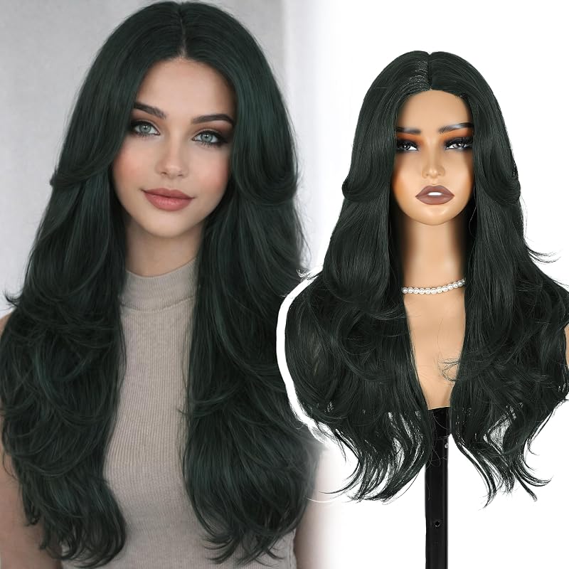 BUPPLER Dark Green Wig 26 Inch Curtain Bangs Wigs for Women Long Wavy Layered Synthetic Wig Pre Cut Lace Glueless Wear and Go Natural Hair Wigs for Daily Party/Halloween Use 26Inch