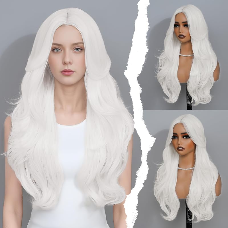 BUPPLER White Wig 26 Inch Curtain Bangs Wigs for Women Long Wavy Layered Synthetic Wig Pre Cut Lace Glueless Wear and Go Natural Hair Wigs for Daily Party/Halloween Use 26Inch