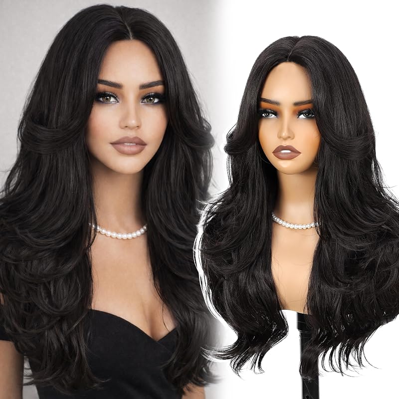 BUPPLER Natural Black Wig 26 Inch Curtain Bangs Wigs for Women Long Wavy Layered Synthetic Wig Pre Cut Lace Glueless Wear and Go Natural Hair Wigs for Daily Party/Halloween Use 26Inch