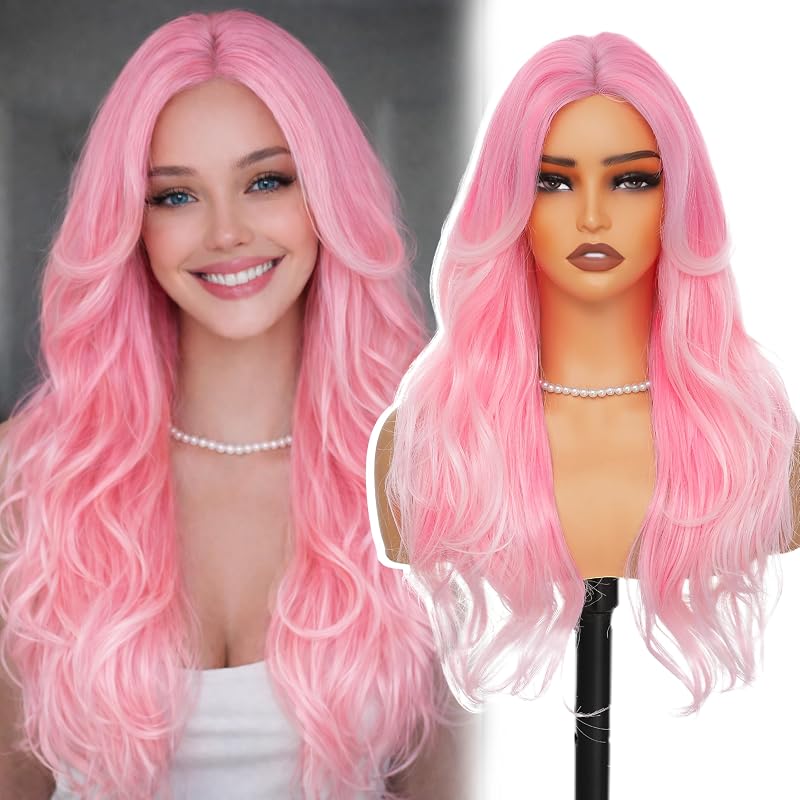BUPPLER Ombre Sakura Pink Wig 26 Inch Curtain Bangs Wigs for Women Long Wavy Layered Synthetic Wig Pre Cut Lace Glueless Wear and Go Natural Hair Wigs for Daily Party/Halloween Use 26Inch