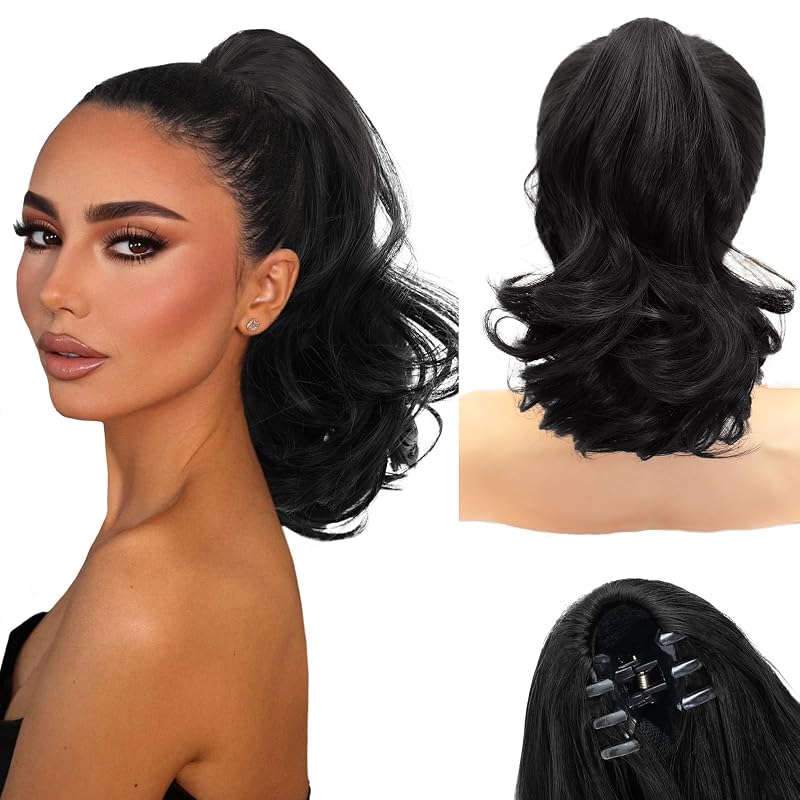 NAYOO Claw Clip Ponytail Extension Black 18" Long Wavy Ponytail Clip in Hair Extensions for Women Curly Natural Layered Pony Tails for Short Thin Hair Synthetic Hairpiece(Black)