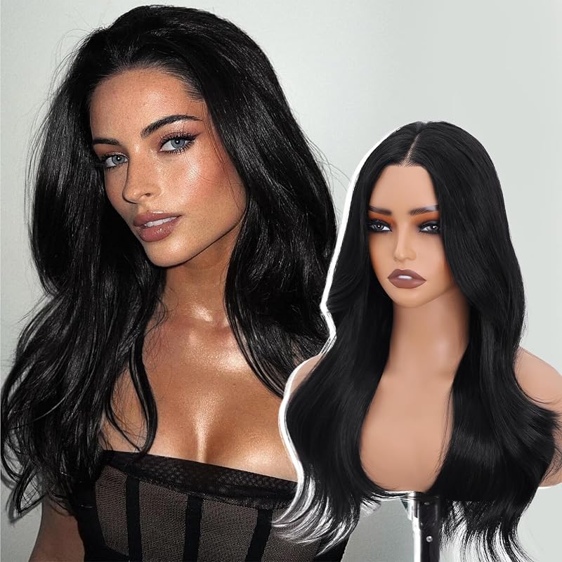 WECAN Black Wig Synthetic Lace Front Wigs 13x4 Pre Plucked Pre Cut Wavy Wig