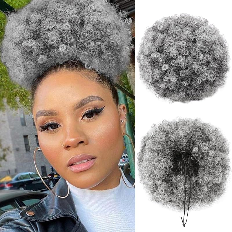 AISI QUEENS Afro Puff Drawstring Ponytail Extension for Black Women, Ombre Gray Faux Buns Short Kinky Curly Hair Ponytail Hair Extension Updo Wrap Fiber Wig(Tgray#)