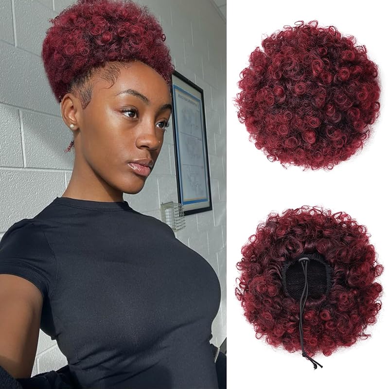 AISI QUEENS Afro Puff Drawstring Ponytail Synthetic Short Afro Kinkys Curly Afro Bun Extension Ombre Burgundy Hairpieces Updo Hair Extensions for Women Girls(1B/BUG#)