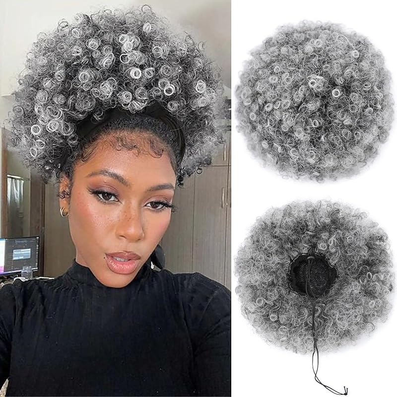 AISI QUEENS Drawstring Afro Puff Ponytail Short Kinky Curly Ombre Gray
