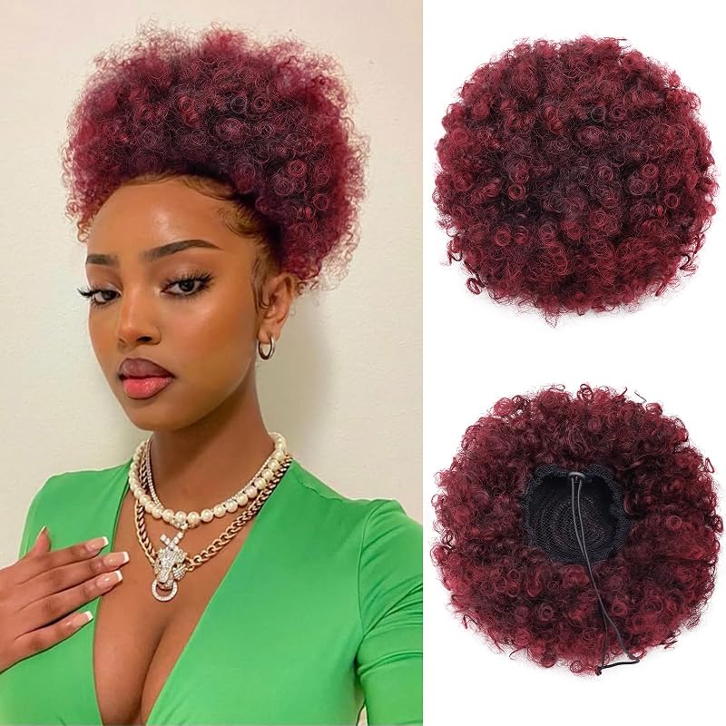 AISI QUEENS Afro Puff Drawstring Ponytail Synthetic Large Size Afro Kinkys Curly Afro Bun Extension Ombre Burgundy Hairpieces Updo Hair Extensions for Women Girls(1B/BUG#)
