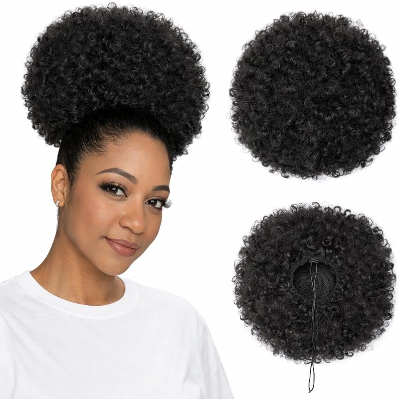 AISI QUEENS Afro Puff Drawstring Ponytail for Black Women, Black Brown Afro Bun Drawstring Ponytail,Short Kinky Curly Afro Ponytail Synthetic Hair Puffs (2#)