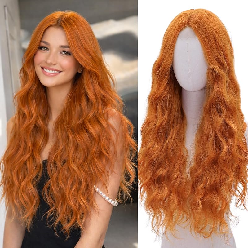 WECAN Orange Wig for Women Long Natural Wavy Synthetic Wig 28 Inch