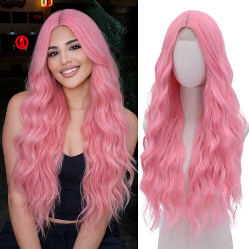 WECAN Pastel Pink Wig for Women Long Wavy Middle Part Wig 28 Inch