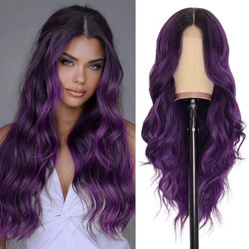 NAYOO Ombre Purple Wig for Women, 26 Inch Middle Part Wavy Synthetic Wig