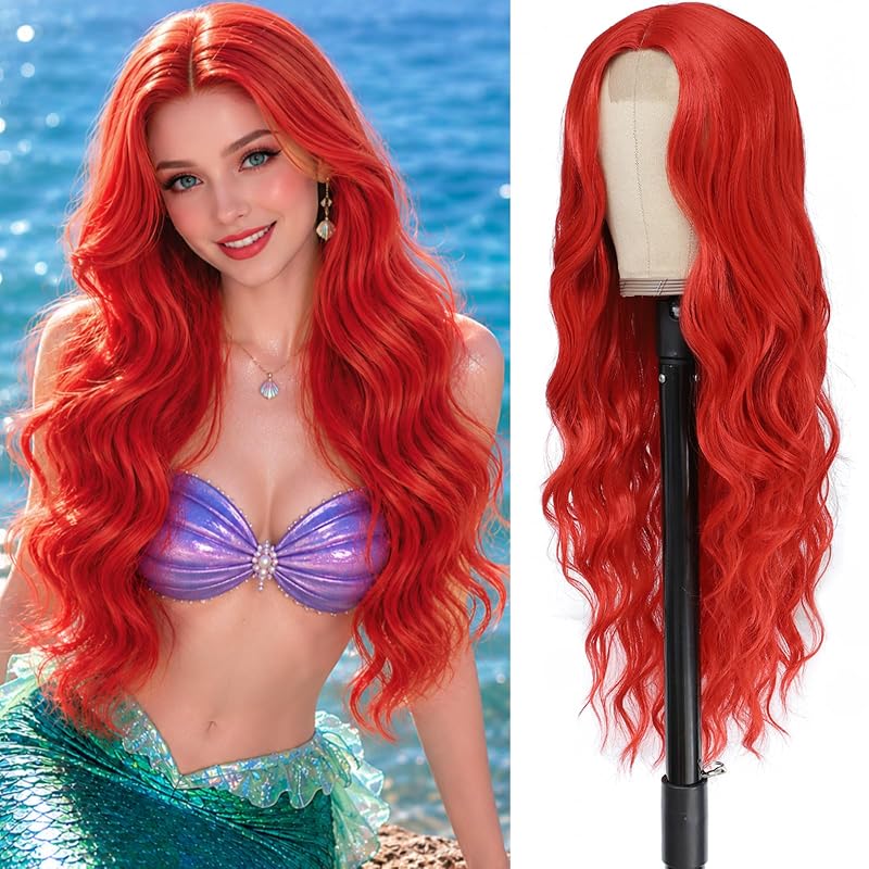 Cosplay Long Bright Red Wig 26 Inch Middle Part Synthetic Wigs for Women