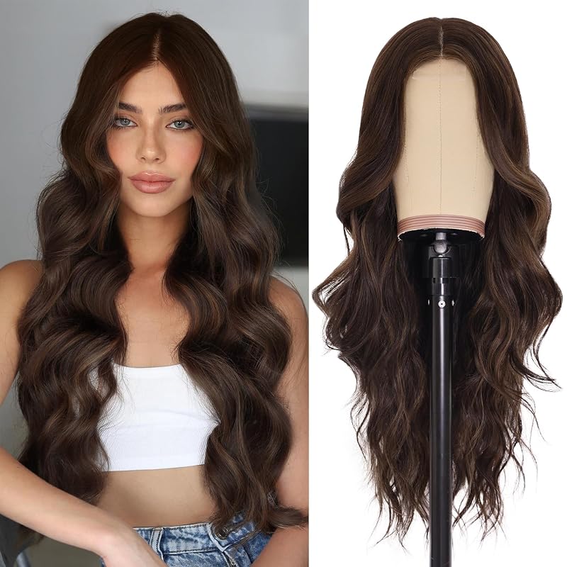 NAYOO Brown Wig for Women, 26 Inch Middle Part Wavy Synthetic Wig