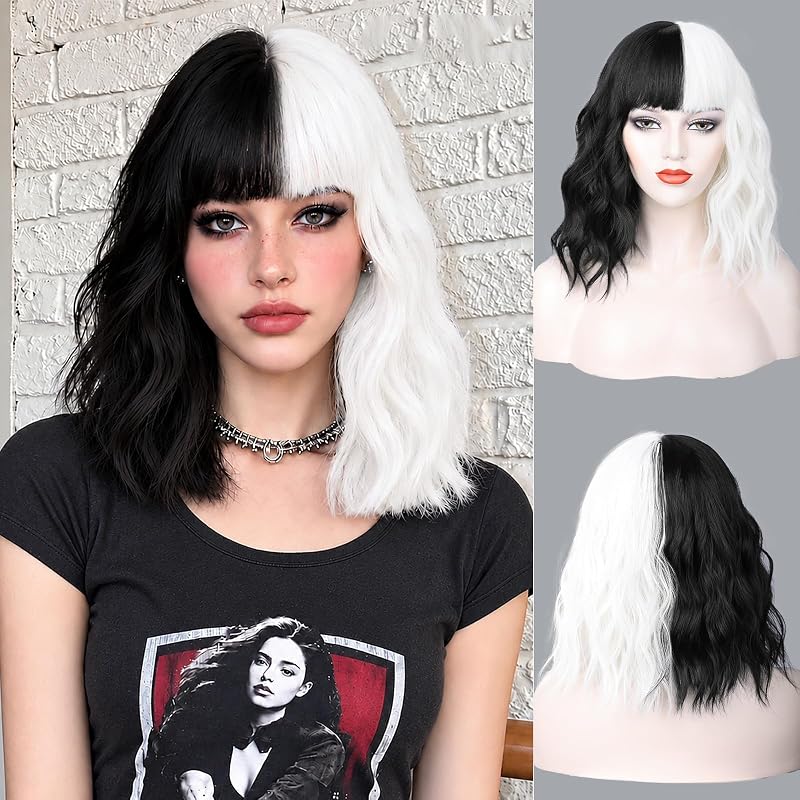 NAYOO Black and Whtie Wig with Bangs, 14 Inch Bob Wig with Bangs for Women, Shoulder Length Short Synthetic Wig, Cosplay Costume Halloween Wig