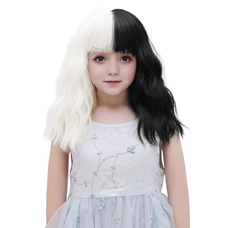 VERNA Black and White Kids Wig with Bangs,Black and White Kids Girls Child Short Synthetic Wavy Wig for Cosplay Halloween Party Costume(12 Inches)