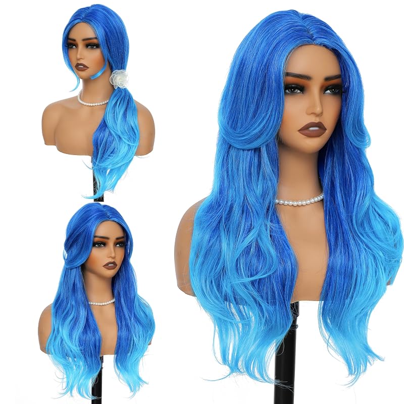 BUPPLER Cosplay Long Blue Wig 28 Inch + Ombre Blue Wig 26 Inch Curtain Bangs Wigs Natural Hair Wigs for Daily Party/Halloween Use