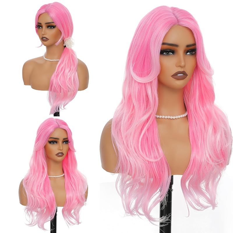 BUPPLER Cosplay Long Pink Wig 28 Inch + Ombre Sakura Pink Wig 26 Inch Curtain Bangs Wigs Natural Hair Wigs for Daily Party/Halloween Use
