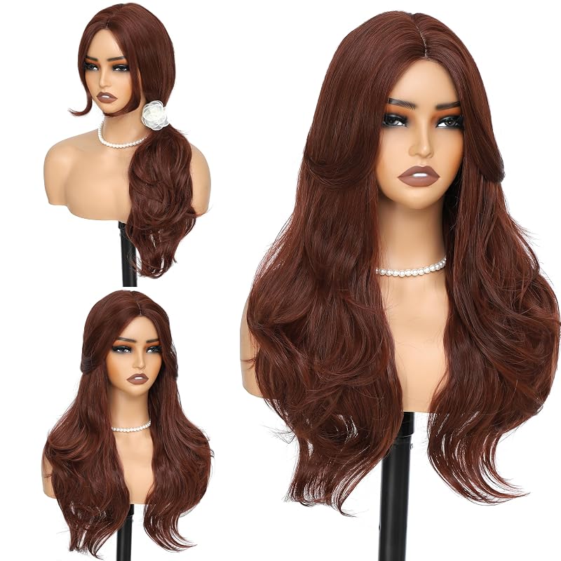 BUPPLER Cosplay Long Blue Wig 28 Inch + Copper Red Wig Wig 26 Inch Curtain Bangs Wigs Natural Hair Wigs for Daily Party/Halloween Use