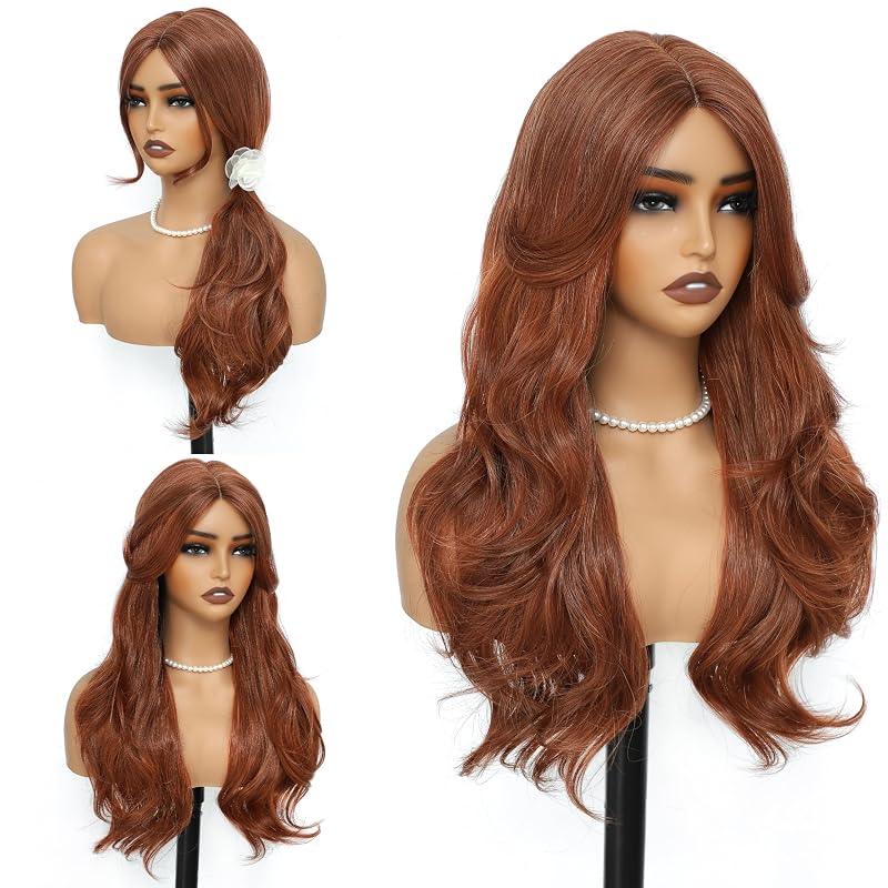 BUPPLER Cosplay Long Ombre Purple Wig 28 Inch + Dark Auburn Wig 26 Inch Curtain Bangs Wigs Natural Hair Wigs for Daily Party/Halloween Use