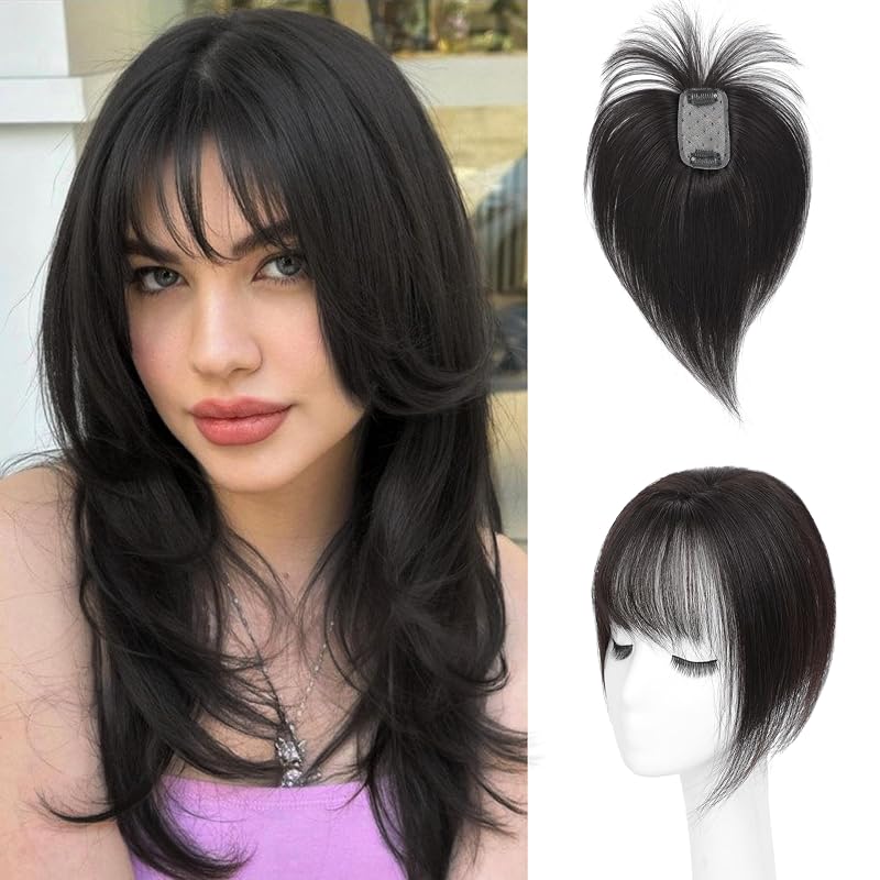 DinkyTims Hair Toppers for Women Real Human Hair - 360° Coverage Black Clip In Topper with Bangs for Thinning Hair Upgraded 5×9 cm Silk Base Ideal for Everyday Use