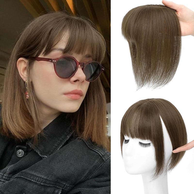 NAYOO Hair Toppers for Women Real Human Hair, 360° Cover Clips in Full Fringe Fake Bangs Hair Pieces for Women Girls Daily Wear (Brown)