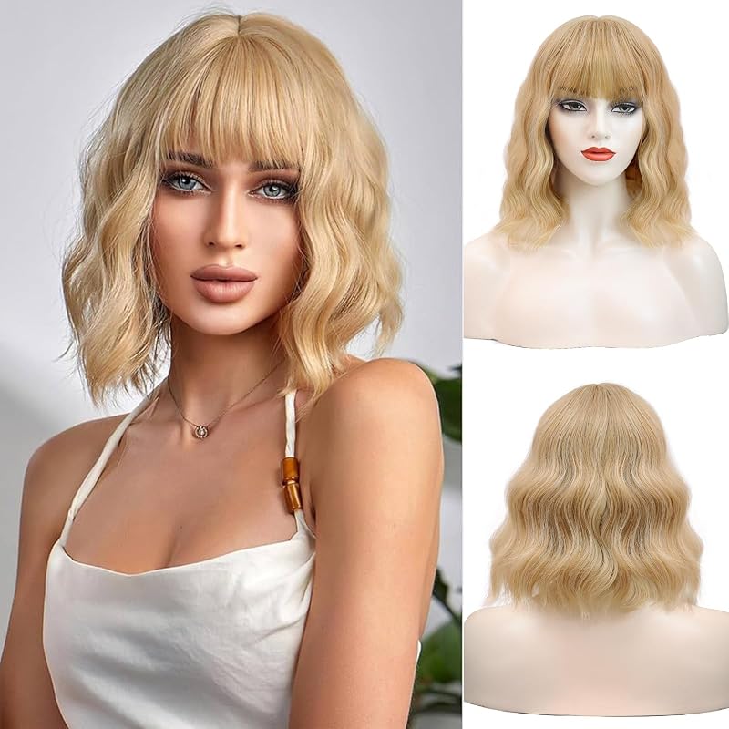 NAYOO Blonde Wig with Bangs, 14 Inch Blonde Bob Wig for Women, Shoulder Length Short Synthetic Heat-Resistant Fiber Wig, Cosplay Costume Halloween Wig