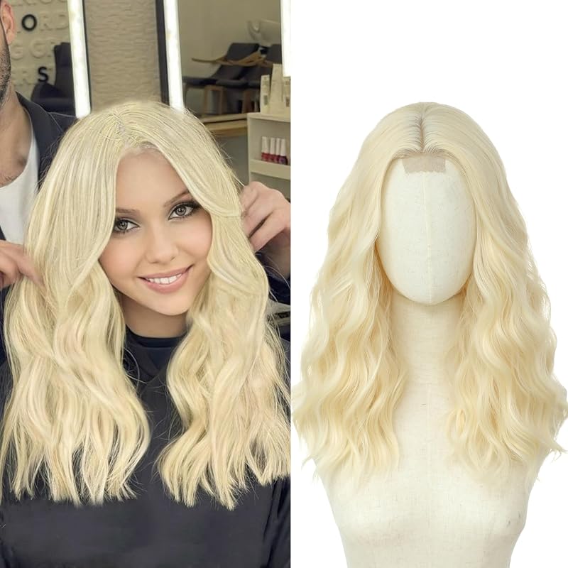 BUPPLER Light Gold Wigs for Women 18 Inch Middle Part Wavy Synthetic Wig