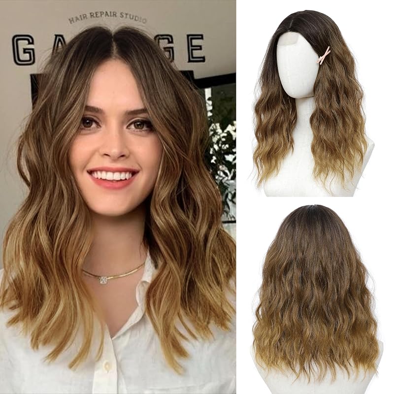 Ombre Light Brown Wigs for Women 18 Inch Middle Part Wavy Synthetic Wig
