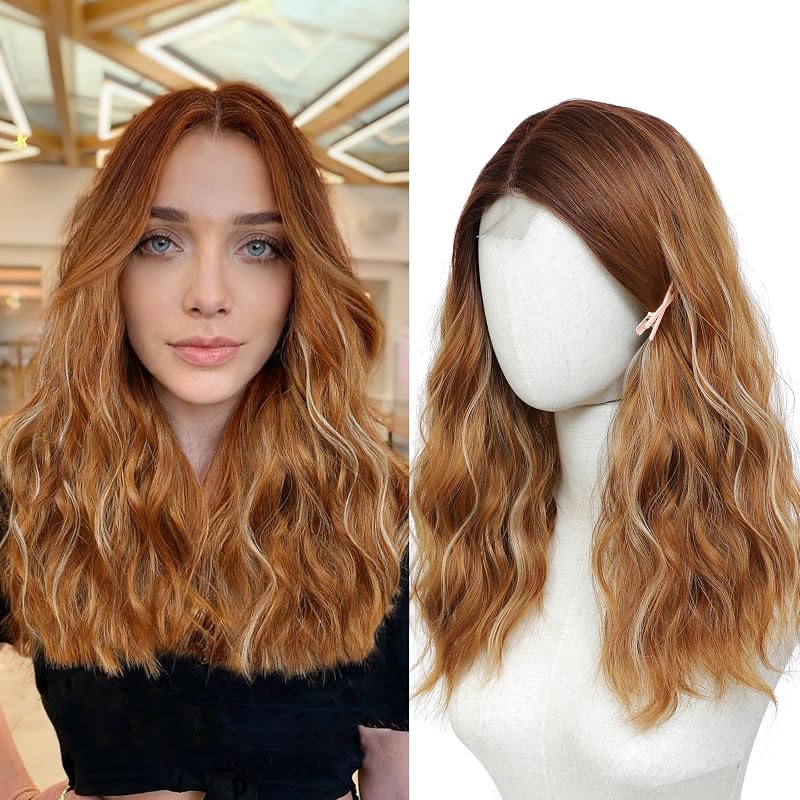 Copper Gold Highlight Wigs for Women 18 Inch Middle Part Wavy Synthetic Wig