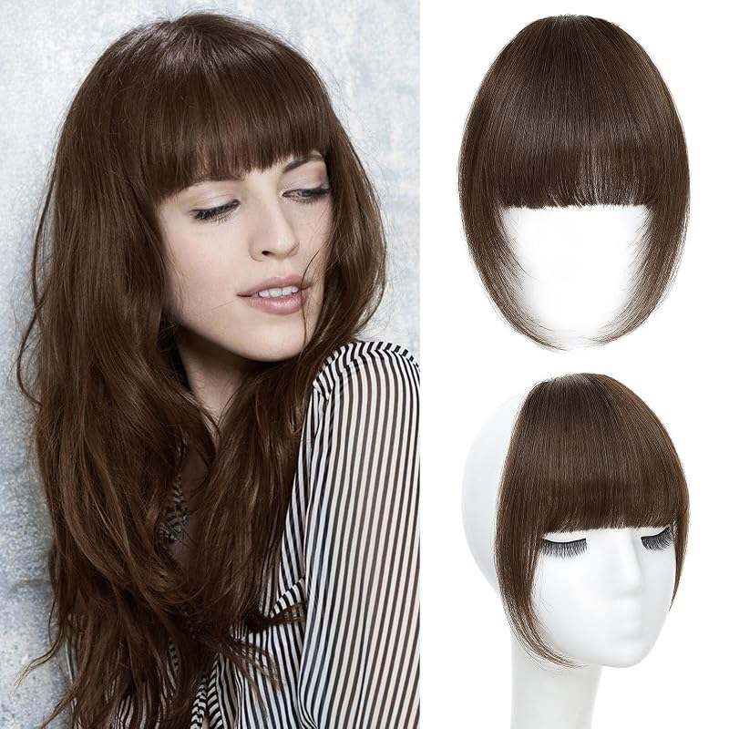 Clip in Bangs Real Human Hair French Bangs Hair Clip, Medium Brown