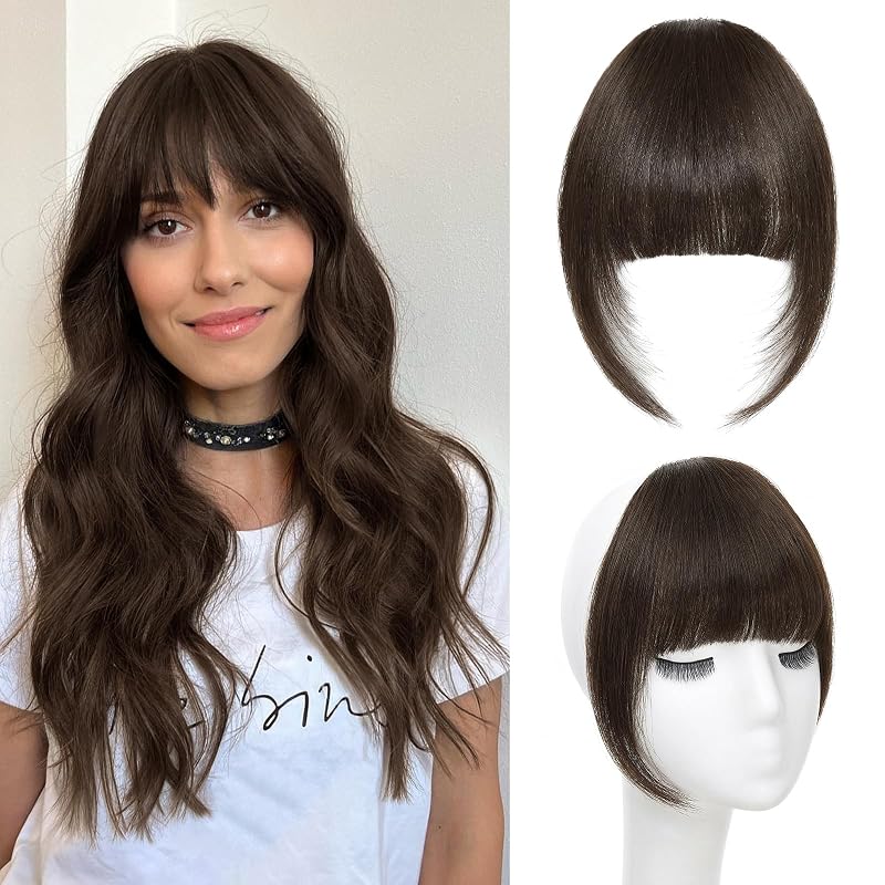 Clip in Bangs Real Human Hair French Bangs Hair Clip, Dark Brown