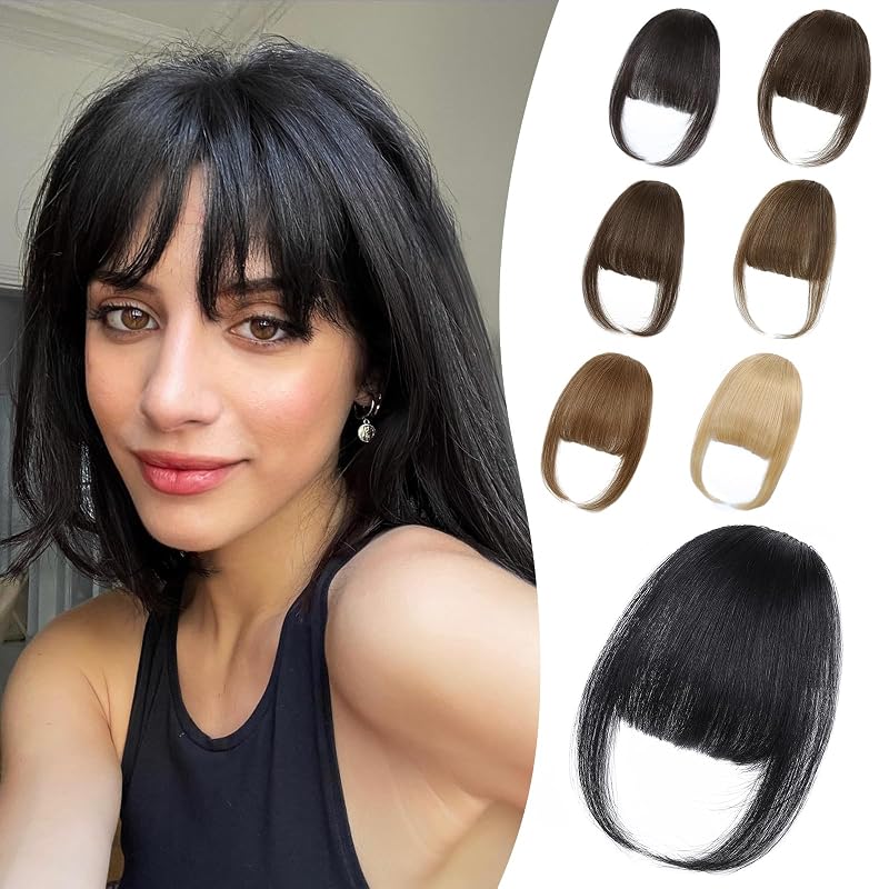 Clip in Bangs Real Human Hair Wispy Bangs Hair Clip, Natural Black